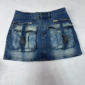 Fashion Nova Cargo Mini Skirt Womens Small Blue Excellent Utility Buckle Zip
